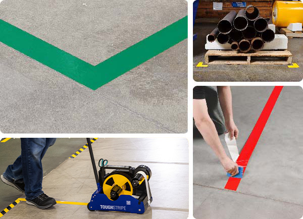 A collage of images featuring ToughStripe original floor tape.