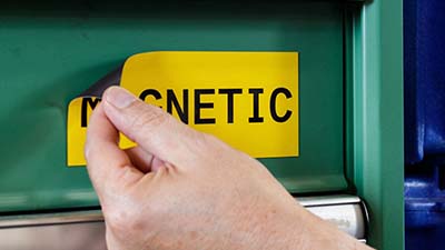 A person adjusts a magnetic label on a metal rack.