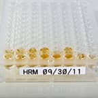 A well plate with a white label.