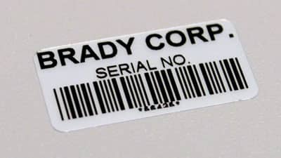 A Brady metallised polyester barcode label applied to a piece of equipment.