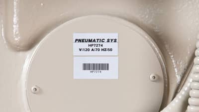 Two Brady multipurpose glossy polyester labels applied to a piece of equipment to help identifiy and tracking it.